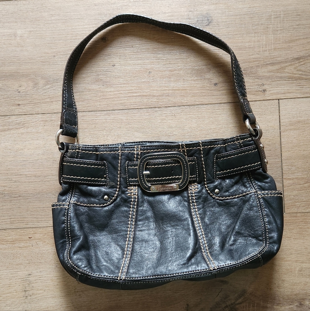 Tignanello leather shoulder purse, black sliver hardware